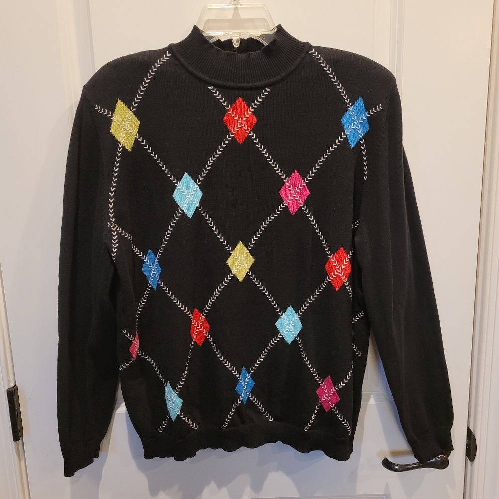 Alfred Dunner Argyle Sweater Black Colorful Womens L Pullover Back 1/4 Zip Cottn